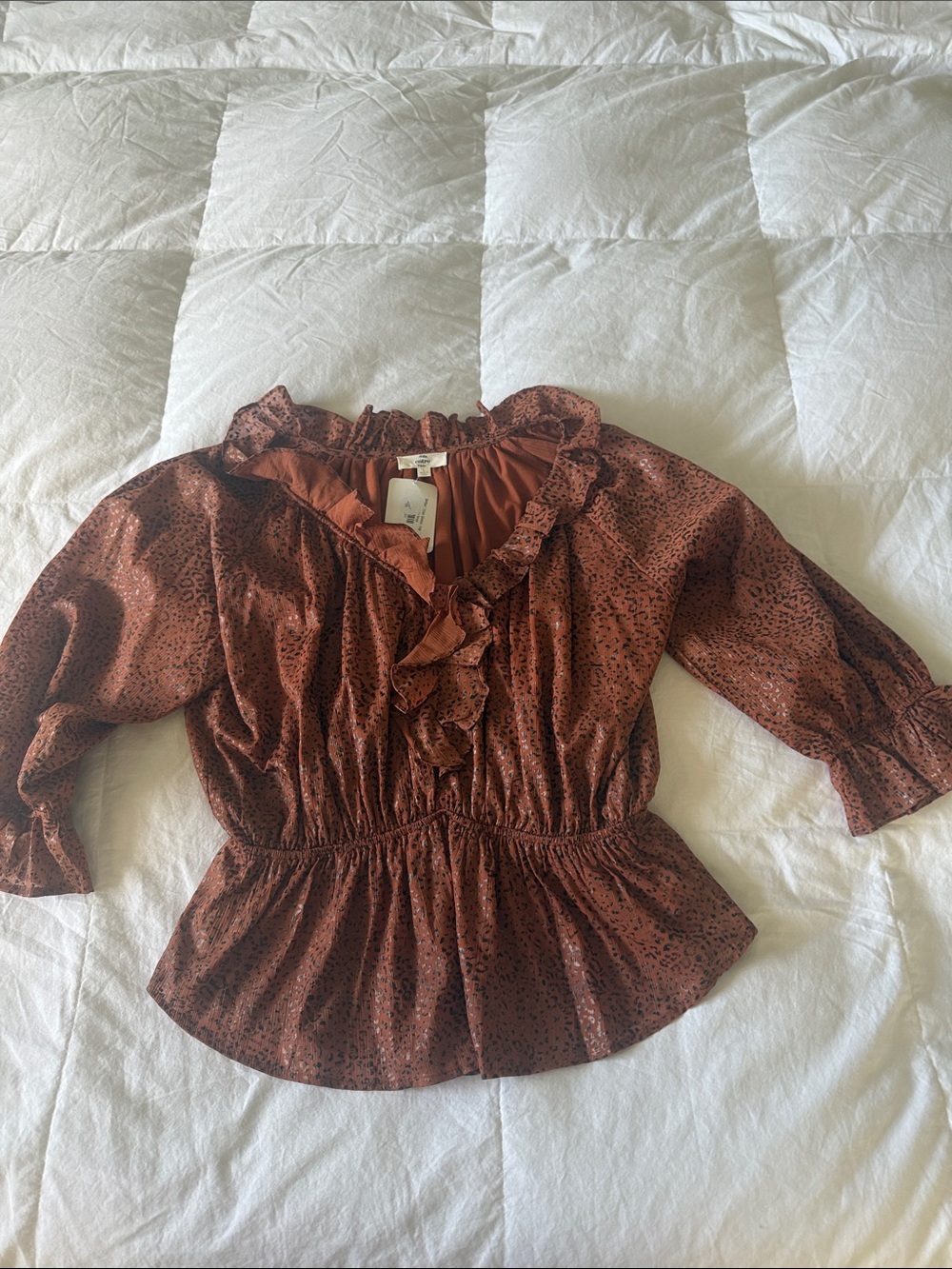Rust Ruffle V-Neck Peplum Blouse - Women